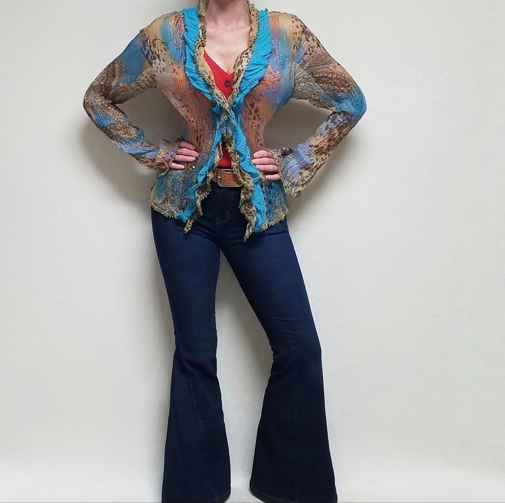 Vintage OOAK Alberto Makali Blue Leopard Print Gold Metallic Knit Abstract Top - Picture 2 of 14